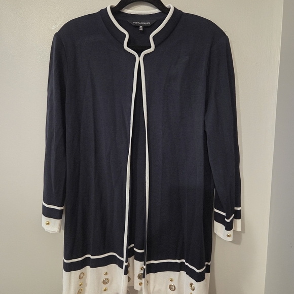 Chico's Sweaters - Ming Wang Women's Blue/White Blazer Cardigan.  Size XL Preppy Office Classic